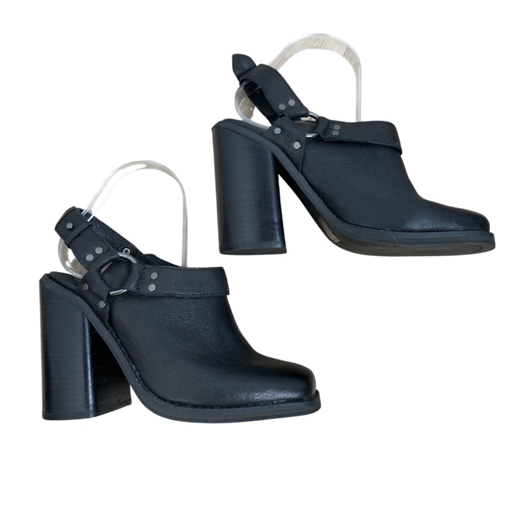 Ecote Black Leather Block Heel Slingback Mules